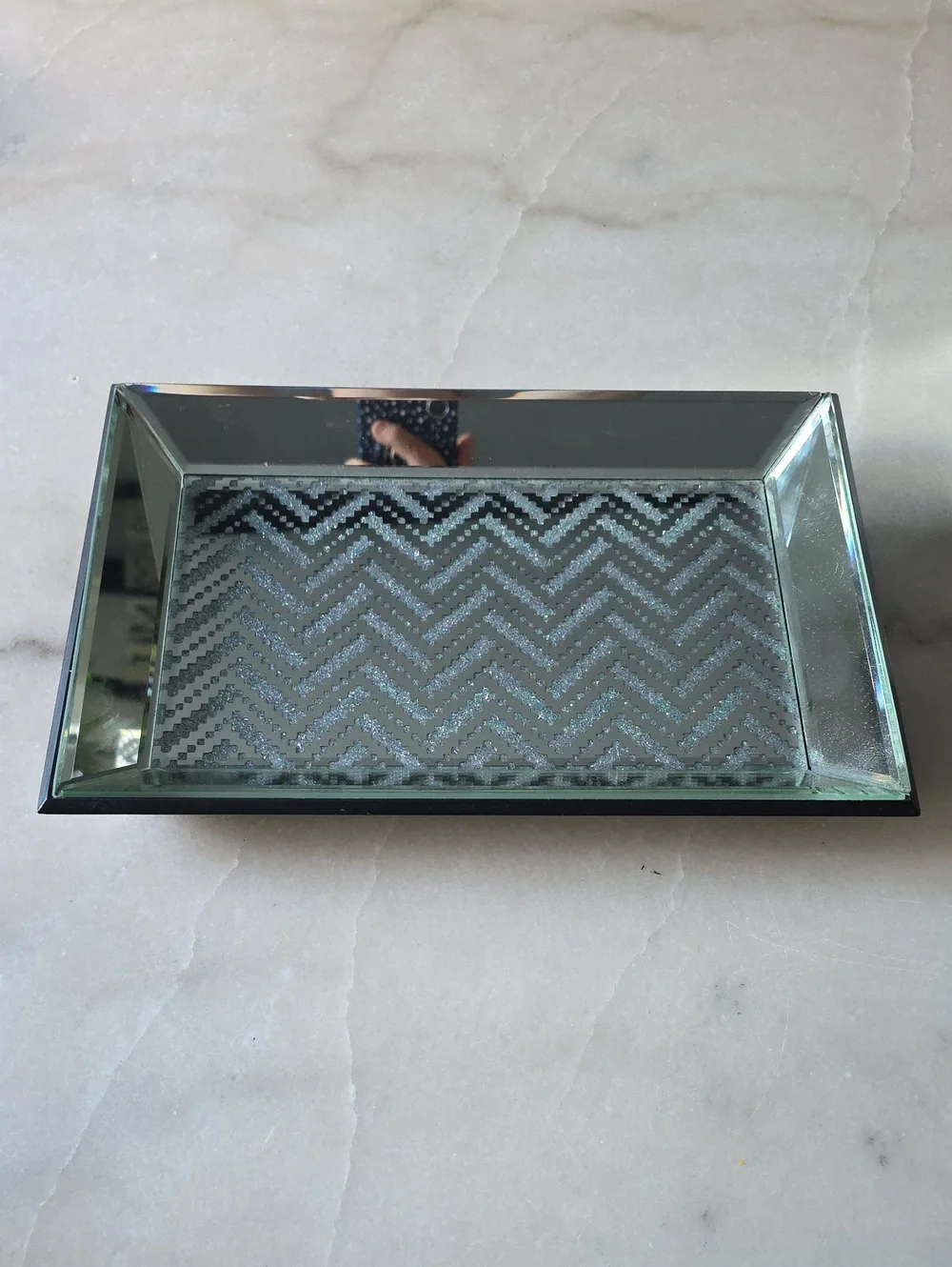 Mirrored Chevron Decorative Vanity Tray in Gray - Sleek Bathroom Organizer